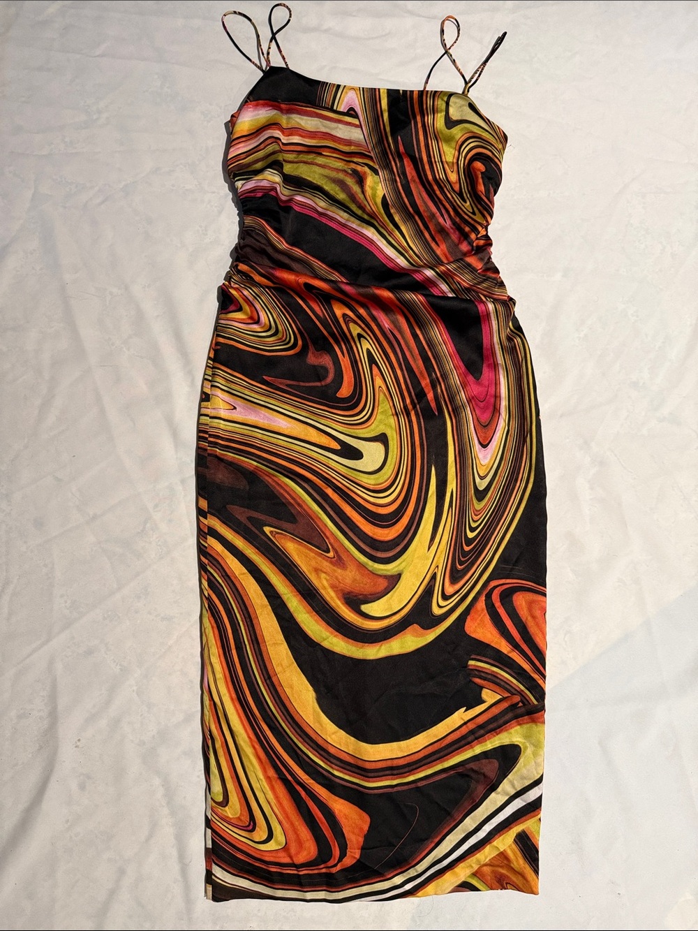 New Guess Marciano Marbled Curve Hugging Silky Sleeveless Midi Dress  S M